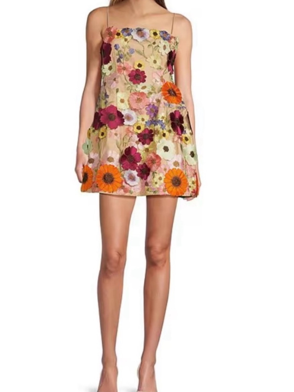 ANTONIO MELANI Floral Embroidered Mini Dress in Cream with Orange & Pink Accents